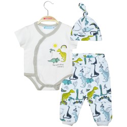 Σετ 3 τμχ βαμβακερό, παντελόνι και σκούφος με εμπριμέ τύπωμα δεινόσαυροι και φορμάκι με κούμπωμα μπροστά Σετ 3 τμχ βαμβακερό, παντελόνι και σκούφος με εμπριμέ τύπωμα δεινόσαυροι και φορμάκι με κούμπωμα μπροστά