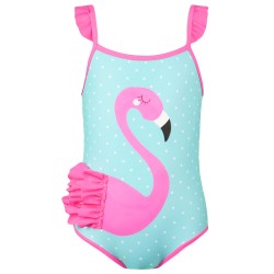 Ολόσωμο μαγιώ με πουά μοτίβο και βολάν στις τιράντες και στο φλαμίνγκο