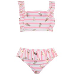 Μαγιώ σετ 2 τμχ ριγέ με διακοσμητικά βολάν και χρυσό τύπωμα ανανά