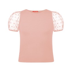 Μπλούζα με τούλι στα μανίκια και διακοσμητικές βελουτέ πουά λεπτομέρειες ροζ Μπλούζα με τούλι στα μανίκια και διακοσμητικές βελουτέ πουά λεπτομέρειες ροζ