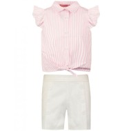 Σετ σορτς βαμβακερό ελαστικό με πιέτες και πουκάμισο ριγέ με βολάν στα μανίκια