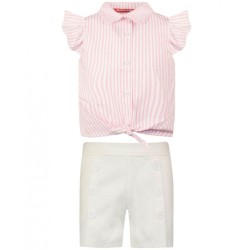 Σετ σορτς βαμβακερό ελαστικό με πιέτες και πουκάμισο ριγέ με βολάν στα μανίκια